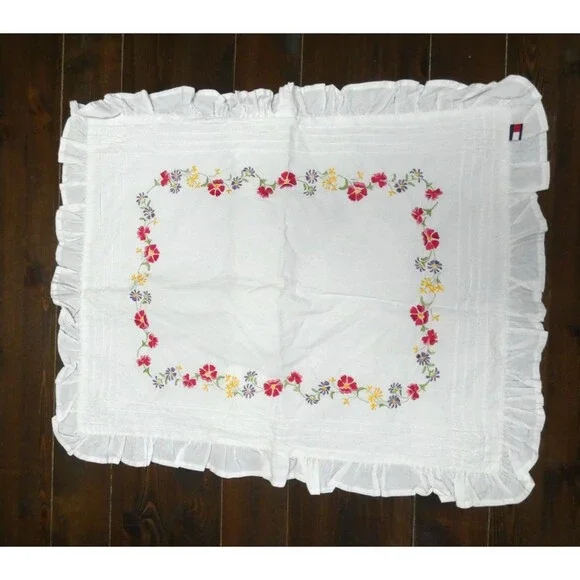 VTG Tommy Hilfiger Ruffle Pillow Sham Embroidered Floral White 28