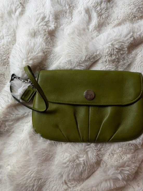 Coach Olive Green Leather Wristlet Clutch with Detachable Strap