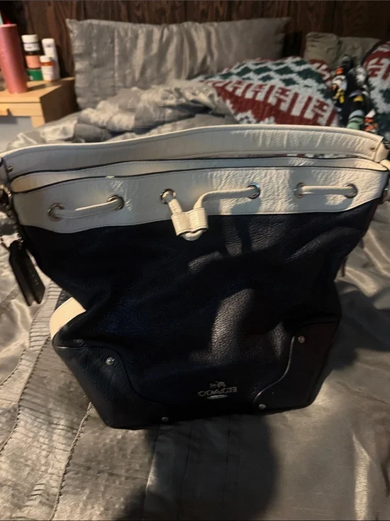 Coach Navy and Off White Drawstring Shoulder Bag