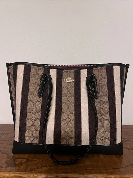 Coach Striped Signature Tote in Brown and Black