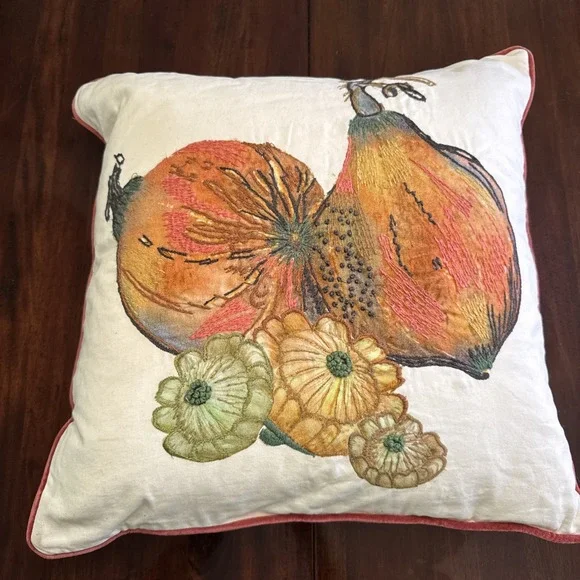 Pottery Barn Throw Pillow Velvet Embroidered‎ Applique Botanical Feather Insert