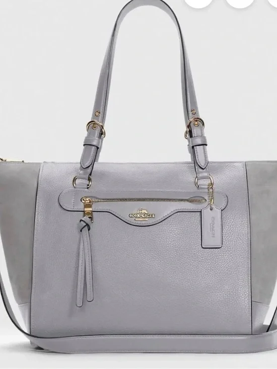 Coach Light Gray Leather with Suede Carryall Tote with Gold Hardware