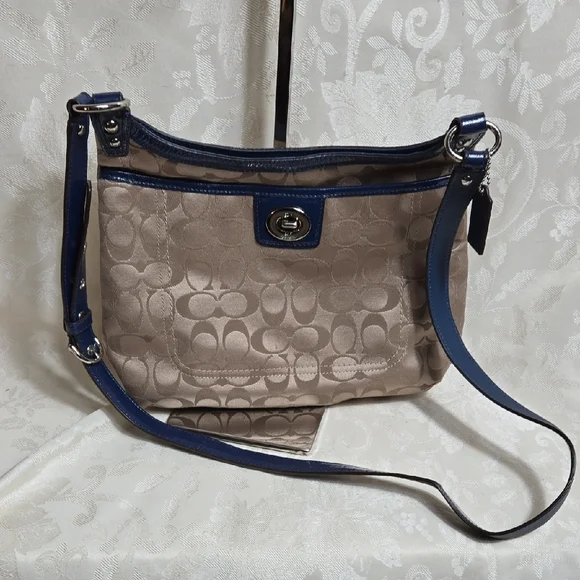 Coach Penelope Tan and Blue Satin With Patent Leather Crossbody Bag