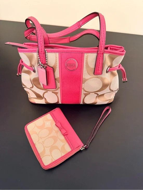 Coach Beige Signature Canvas Mini Tote with Hot Pink Trim and Wristlet
