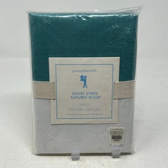 Pottery Barn Kids Rugby Stripe Standard Sham New Aqua Blue White Rayures