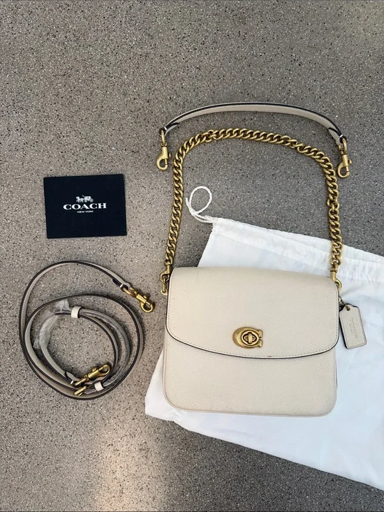 Coach Cream Pebbled Leather Crossbody with Gold Chain and Turnlock