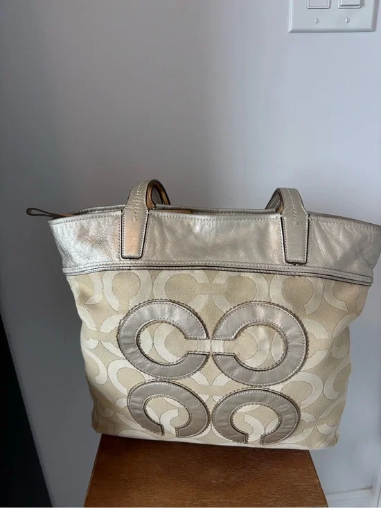 Coach Cream and Metallic Gold Signature Tote