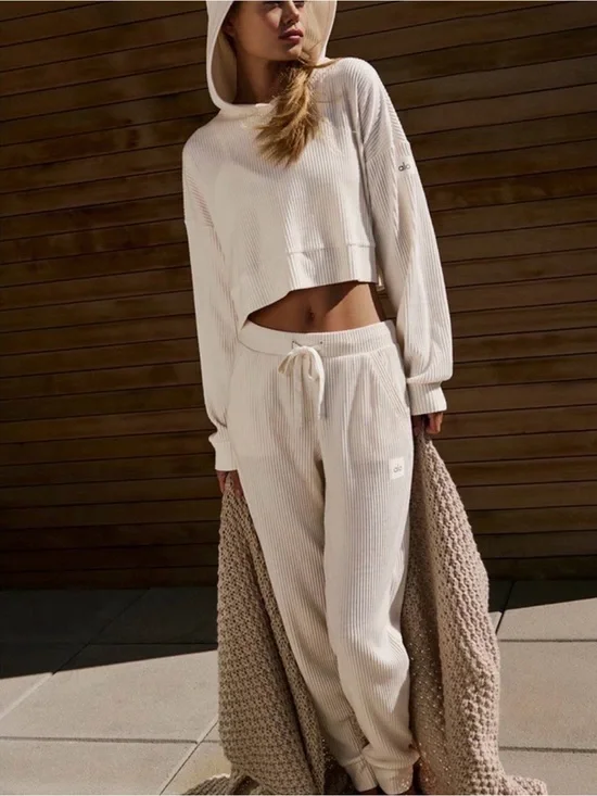 ALO Yoga Muse Set (New) Cropped Ribbed Hoodie & Jogger Set in Cream