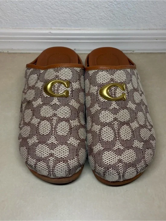 Coach Beige and Brown Signature Canvas Slip-On Mules with Gold Logo