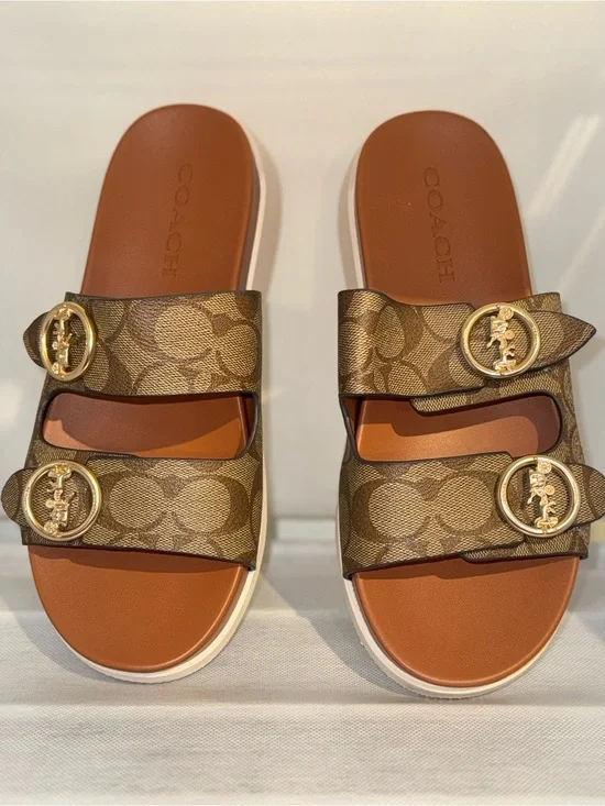 Coach Brown Signature Monogram Double-Buckle Slide Sandals