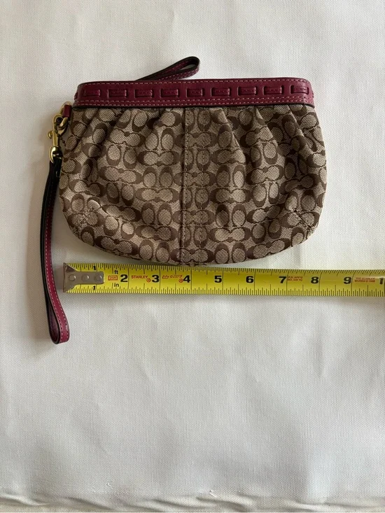 Coach Brown Signature Canvas Wristlet with Burgundy Trim