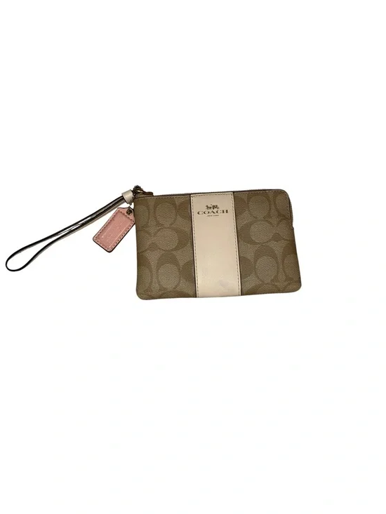 COACH Corner Zip Wristlet in Signature Canvas with Center Stripe - Khaki/Cream