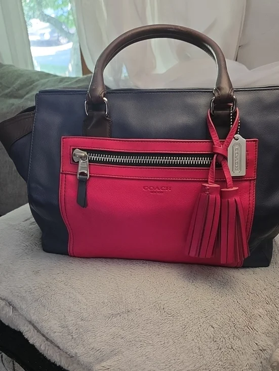 Coach Two-Tone Leather Satchel in Navy and Fuchsia Pink