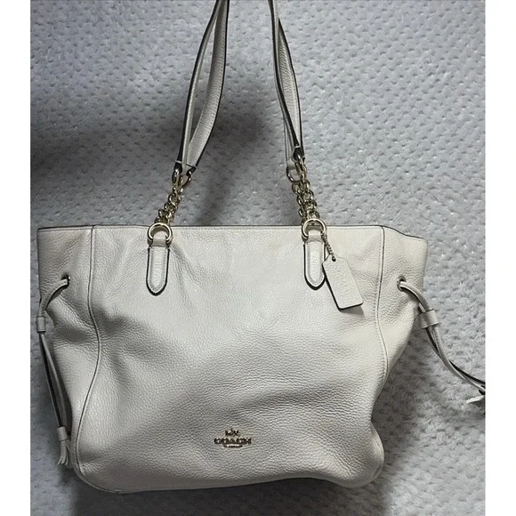 Coach White Leather Shoulder Tote with Gold Hardware