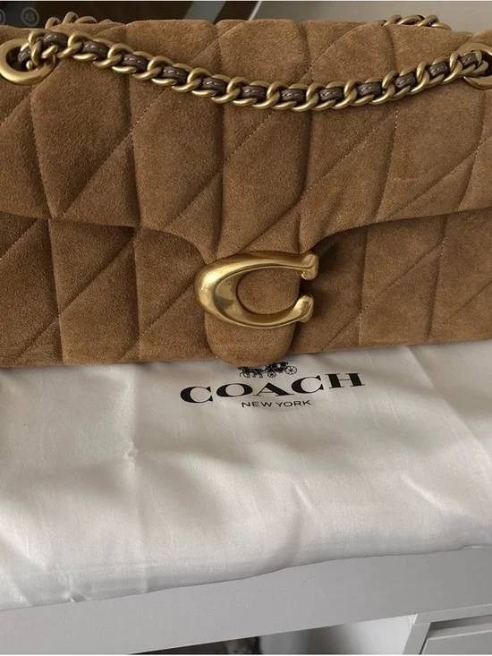 Pillow Tabby 26… Coach Quilted Suede Shoulder Bag in Camel with Gold Hardware
