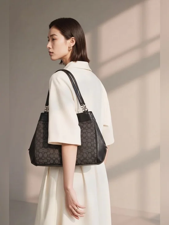 Coach Handbag in Canvas/ Leather With Silver color Hardware