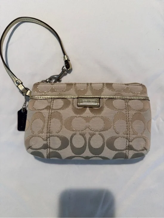 Coach Beige Signature Jacquard Wristlet with Metallic Trim Y2K
