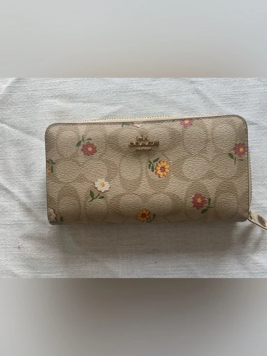 Coach Beige Signature Floral Zip Wallet