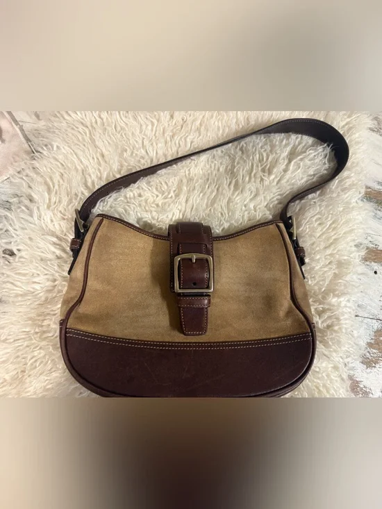 Y2K VINTAGE COACH HAMPTON SUEDE HOBO BAG 7589 in TAN SUEDE W/ MAHOGANY LEATHER