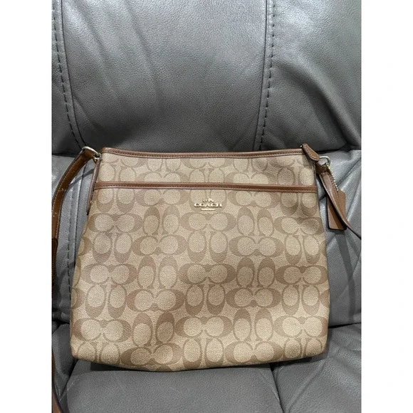 Coach F58297 Signature Canvas File Crossbody Bag Khaki‎ Saddle Brown Messenger