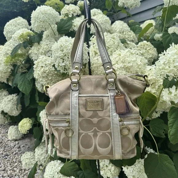 Coach Poppy Signature Tote Bag- Canvas & Leather ~ Beige ~ Gold Toned