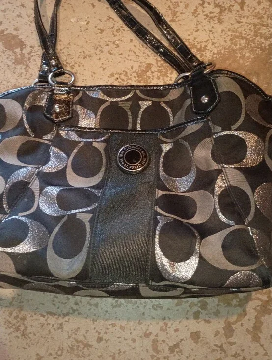 Coach Metallic Black and Gray Signature Shoulder Bag