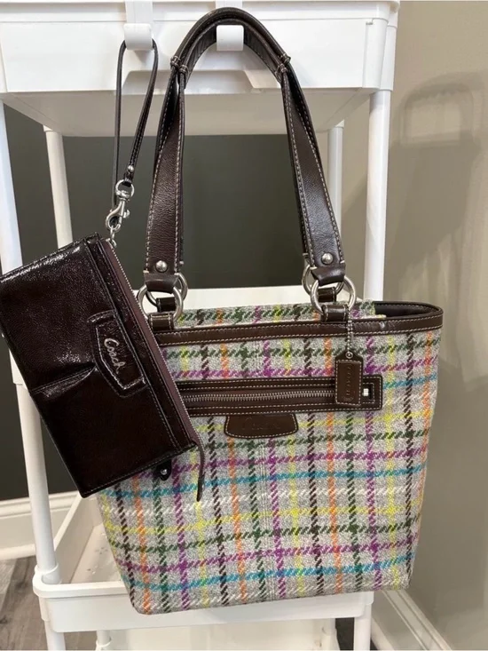 Penelope Tattersall Plaid Wool Tote Bag + Wristlet