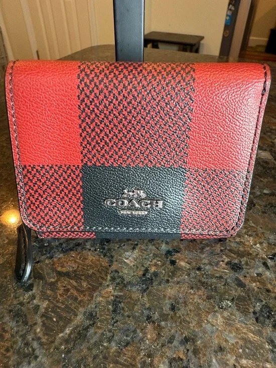 Coach Red and Black Checkered Leather Trifold Compact Wallet