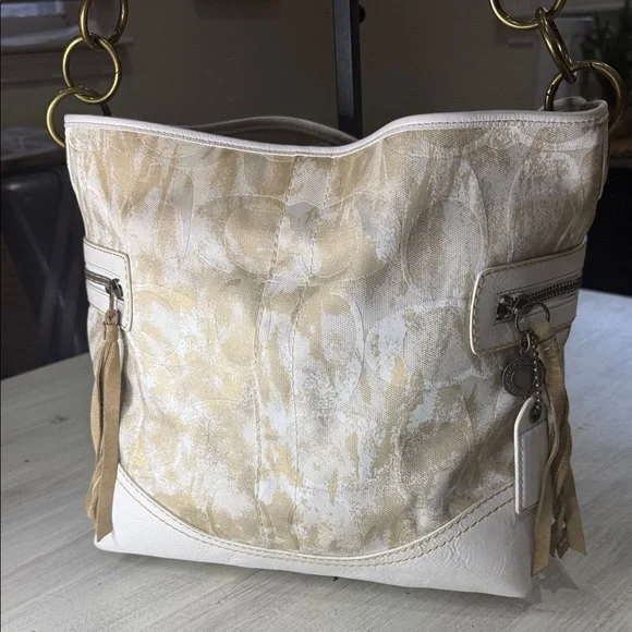 Vintage Coach Cream and White Camo Canvas Shoulder Bag with Suede Tassels