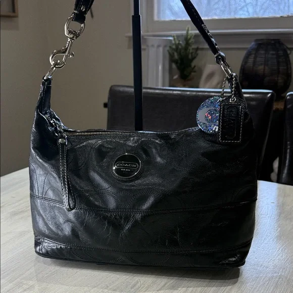 Coach Black Signature Stripe Stitched Leather Hobo Bag with Silver Accents