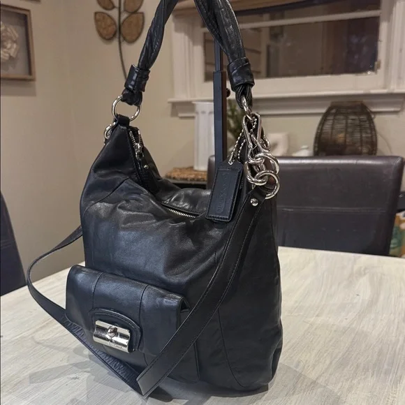 Vintage Coach Black Leather Shoulder Bag with Silver Accents
