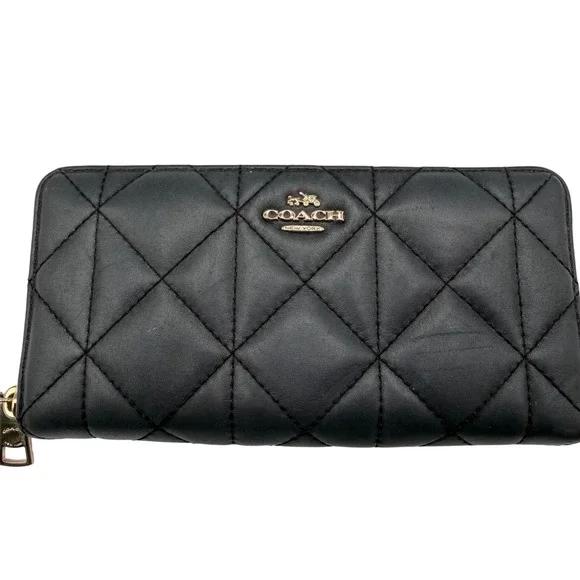 Coach Black Quilted Leather Accordion Zip Wallet Gold Hardware C3441‎