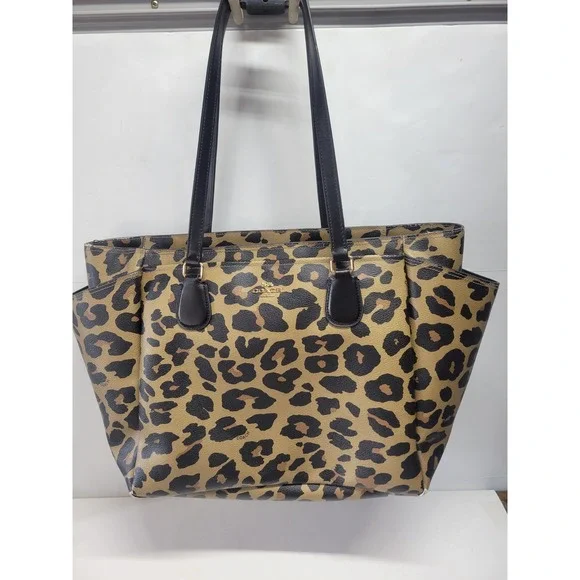Coach Leopard Print Tote Bag Black Leather Straps purse‎