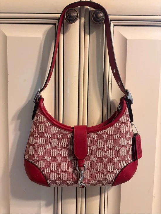 Coach Red and Cream Signature Canvas Shoulder Bag