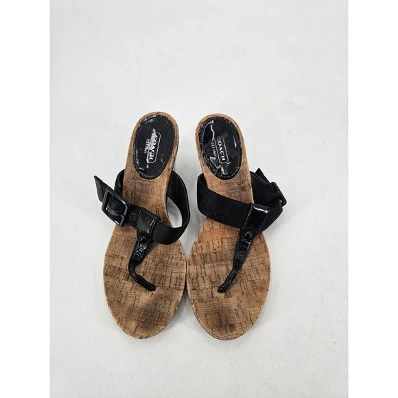 COACH Black Patent Leather BERNADETTE‎ Thong Wedge Sandals Cork Heels Womens 9 B