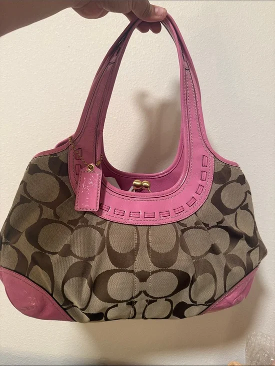 Coach Brown Signature Kiss Lock Hobo Bag with Pink Patent Leather Trim