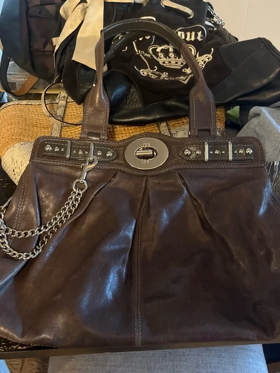 Coach Dark Brown Leather Tote with Silver Chain & Turnlock