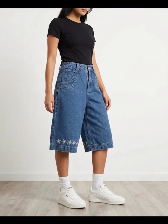 2b Analog Baggy Denim Jorts Shorts Size 2 / S Embroidered Stars Cyber Y2K Rave