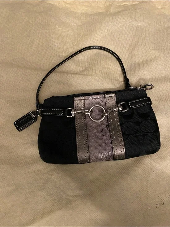 Coach Black Wristlet with Metallic Silver Center Stripe