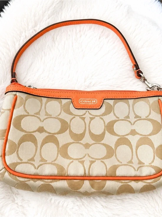 Coach Canvas mini Shoulder Bag in Tan with Orange/coral Trim