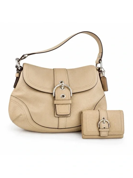 Coach Tan Pebbled Leather Shoulder Bag with Matching Wallet