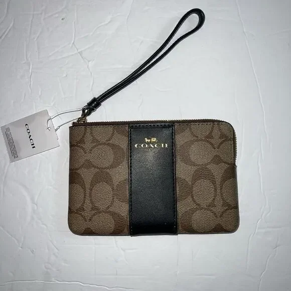 Coach Corner Zip‎ Wristlet In Signature Canvas Khaki Black 58035