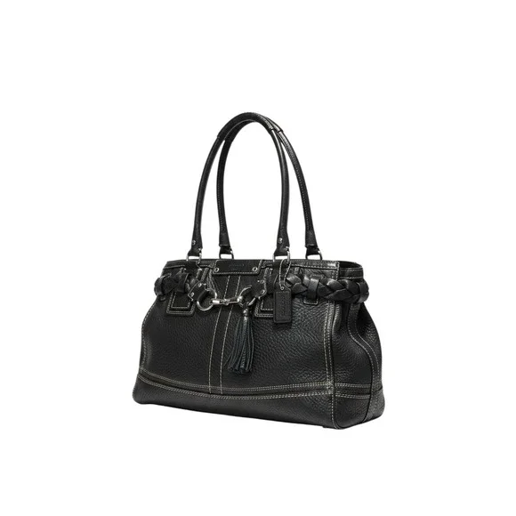 Coach Hampton Tote Satchel Bag Black Pebble Leather‎ Braided