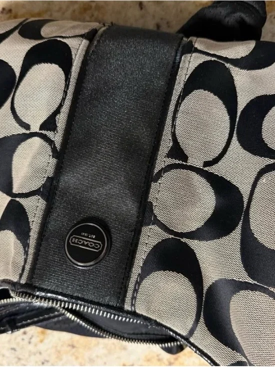 Coach Signature Canvas Shoulder Bag in Black and Cream