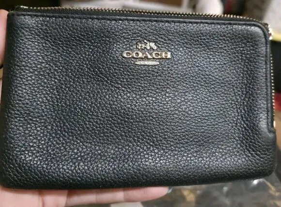 COACH Double Corner Zip WRISTLET BLACK Pebbled Leather Clutch Purse 2016