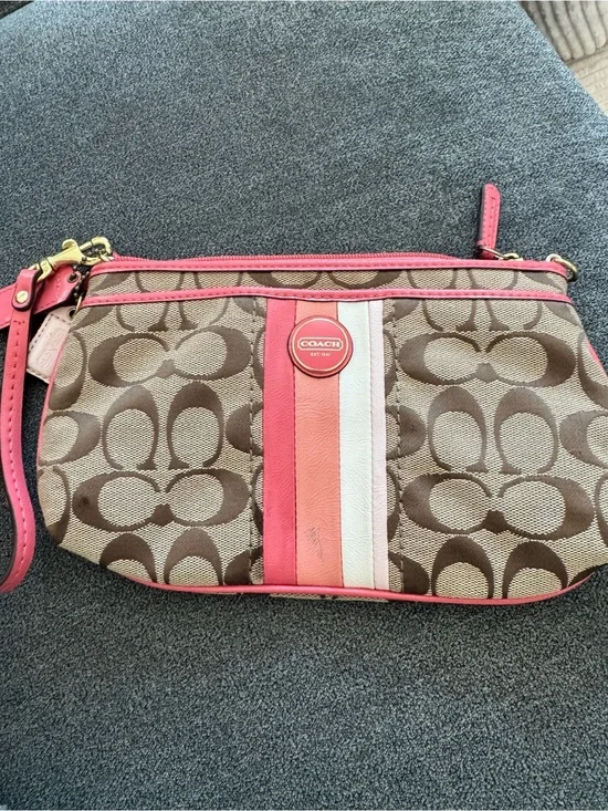Coach Brown Signature Wristlet with Pink and Cream Stripes
