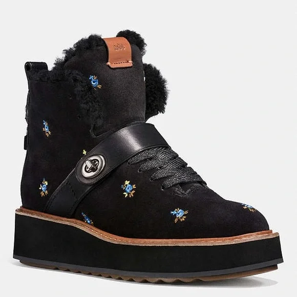Coach City Hiker Women's Floral Suede Lace Up‎ Ankle Boots Shearling, Size 6