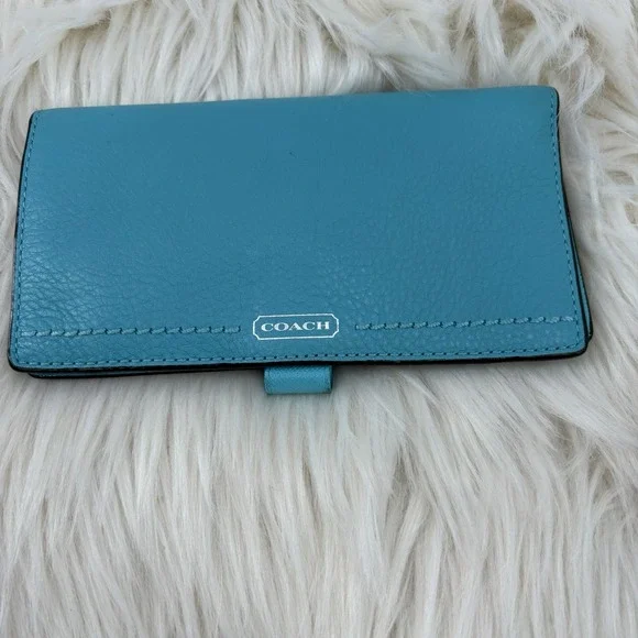 Y2K Vtg Coach Slim Checkbook Envelope Bifold Lined Wallet Blue Pebbled Leather