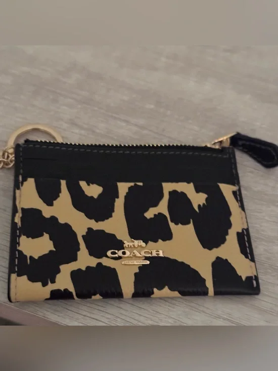Coach Leopard Print Card Case Key Ring - Black & Tan wallet