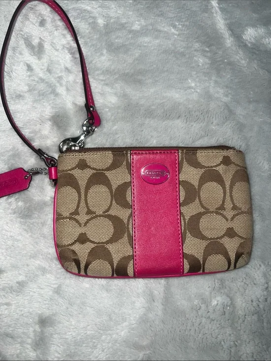 Coach Brown Signature Canvas Wristlet with Pink Trim & hangtag